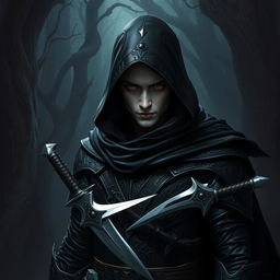 A male Shadar Kai Rogue Assassin stands poised in the shadows, wearing dark, intricate leather armor that blends seamlessly with the dimly lit environment