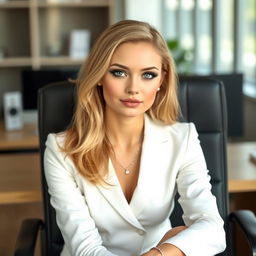 An innocent young woman with lovely blonde hair and bright light blue eyes, sitting gracefully on a modern office chair