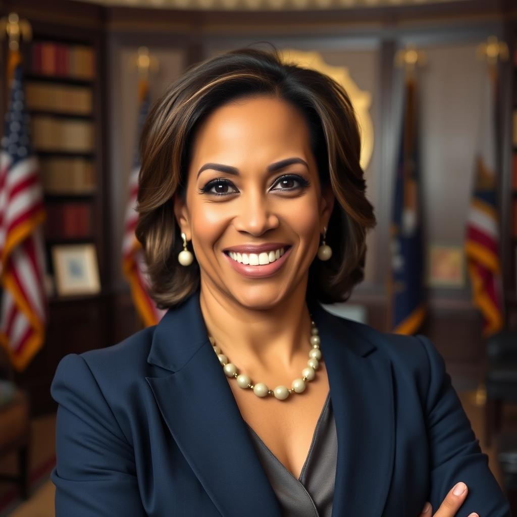 A portrait of Kamala Harris, featuring her in a confident pose with a warm smile, standing in an elegant office setting filled with books and American flags in the background