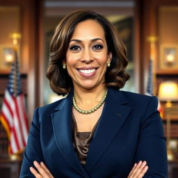 A portrait of Kamala Harris, featuring her in a confident pose with a warm smile, standing in an elegant office setting filled with books and American flags in the background