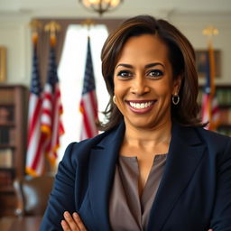 A portrait of Kamala Harris, featuring her in a confident pose with a warm smile, standing in an elegant office setting filled with books and American flags in the background