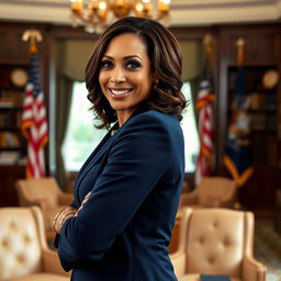 A portrait of Kamala Harris, featuring her in a confident pose with a warm smile, standing in an elegant office setting filled with books and American flags in the background