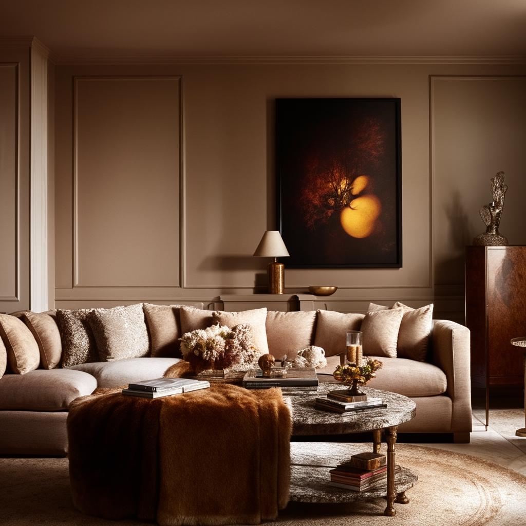 A classically elegant and cosy living room with a warm color palette, lush textiles, a comfortable sectional sofa, a chic coffee table, stylish wall art, and ambient lighting.