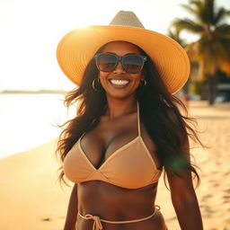 A confident and charismatic woman with dark skin, resembling Kamala Harris, enjoying a sunny beach day in a stylish bikini