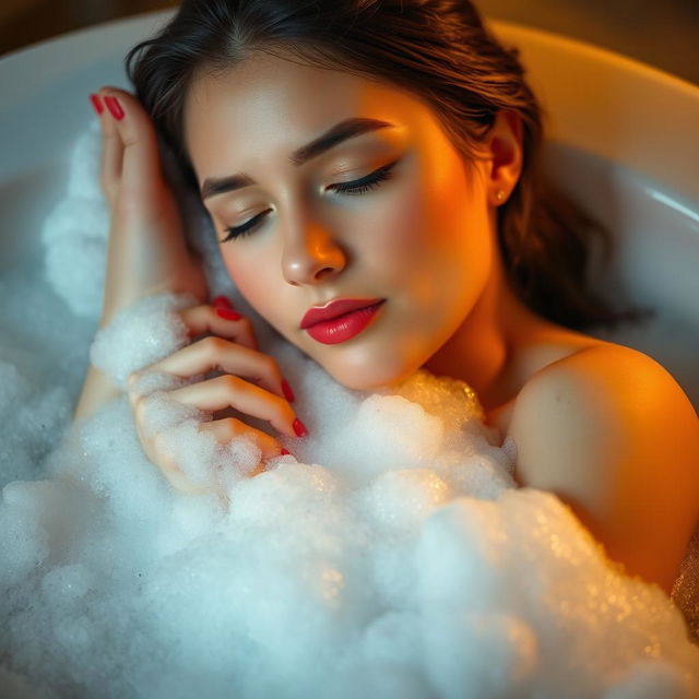 A young woman relaxing in a bubble bath, her face gently resting in the water, creating an atmosphere of serene tranquility