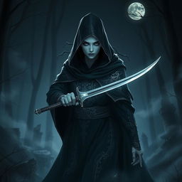 A Shadar-Kai assassin emerging from the shadows, cloaked in a dark, flowing robe adorned with intricate silver designs