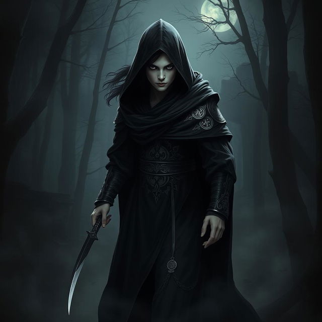 A Shadar-Kai assassin emerging from the shadows, cloaked in a dark, flowing robe adorned with intricate silver designs