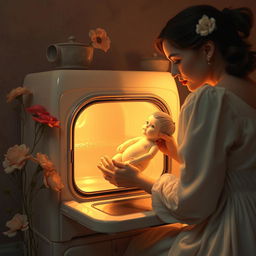 A surreal scene depicting a surrealist interpretation of motherhood, where a woman is gently placing a doll-like figure into a vintage oven, surrounded by soft, pastel colors
