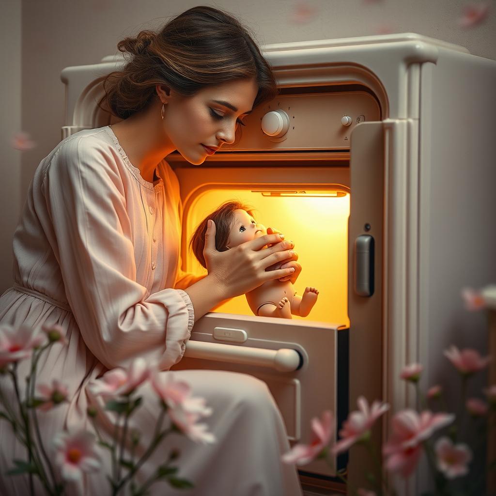 A surreal scene depicting a surrealist interpretation of motherhood, where a woman is gently placing a doll-like figure into a vintage oven, surrounded by soft, pastel colors