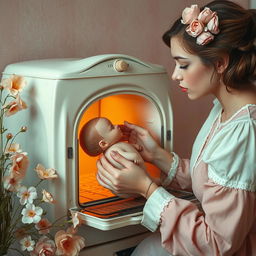 A surreal scene depicting a surrealist interpretation of motherhood, where a woman is gently placing a doll-like figure into a vintage oven, surrounded by soft, pastel colors