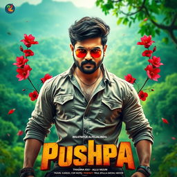 A vibrant and dynamic movie poster inspired by the film 'Pushpa'