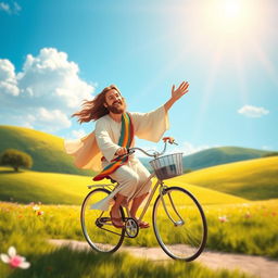 A whimsical and uplifting depiction of Jesus Christ joyfully riding a bicycle through a serene landscape