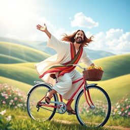 A whimsical and uplifting depiction of Jesus Christ joyfully riding a bicycle through a serene landscape