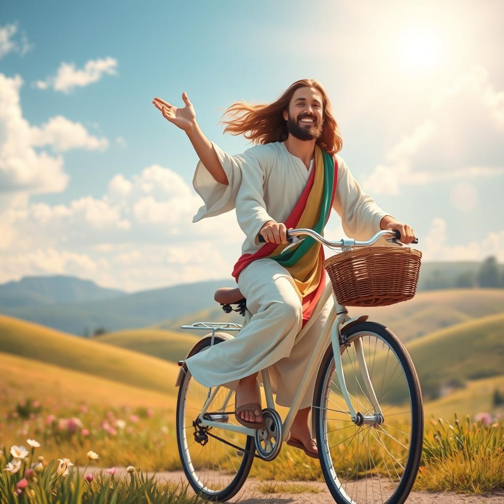 A whimsical and uplifting depiction of Jesus Christ joyfully riding a bicycle through a serene landscape