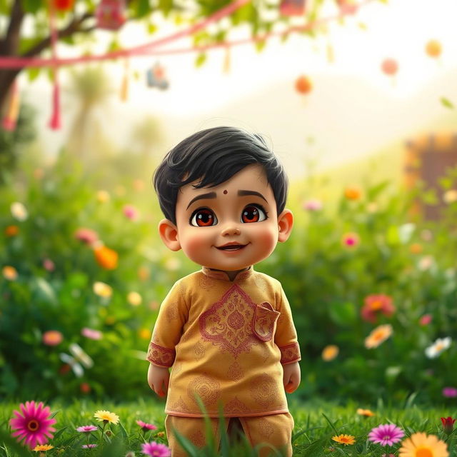 A vibrant scene featuring a stylized version of a baby inspired by Allu Arjun from the movie Pushpa 2