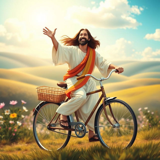 A whimsical and uplifting depiction of Jesus Christ joyfully riding a bicycle through a serene landscape