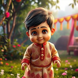 A vibrant scene featuring a stylized version of a baby inspired by Allu Arjun from the movie Pushpa 2