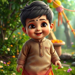 A vibrant scene featuring a stylized version of a baby inspired by Allu Arjun from the movie Pushpa 2