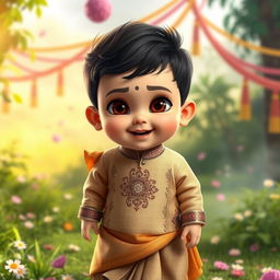 A vibrant scene featuring a stylized version of a baby inspired by Allu Arjun from the movie Pushpa 2