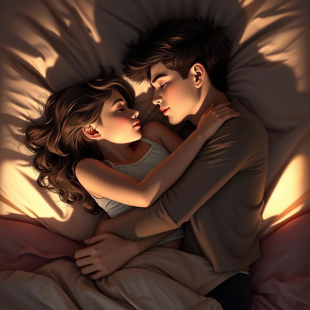 A romantic and intimate scene depicting a boy and girl lying together on a bed, surrounded by soft shadows and gentle light