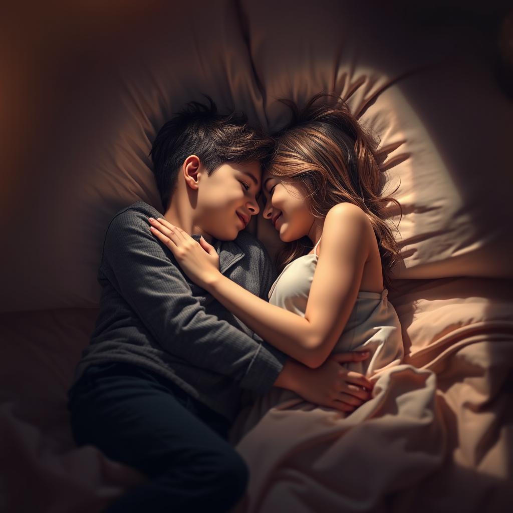 A romantic and intimate scene depicting a boy and girl lying together on a bed, surrounded by soft shadows and gentle light