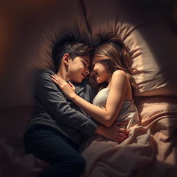 A romantic and intimate scene depicting a boy and girl lying together on a bed, surrounded by soft shadows and gentle light