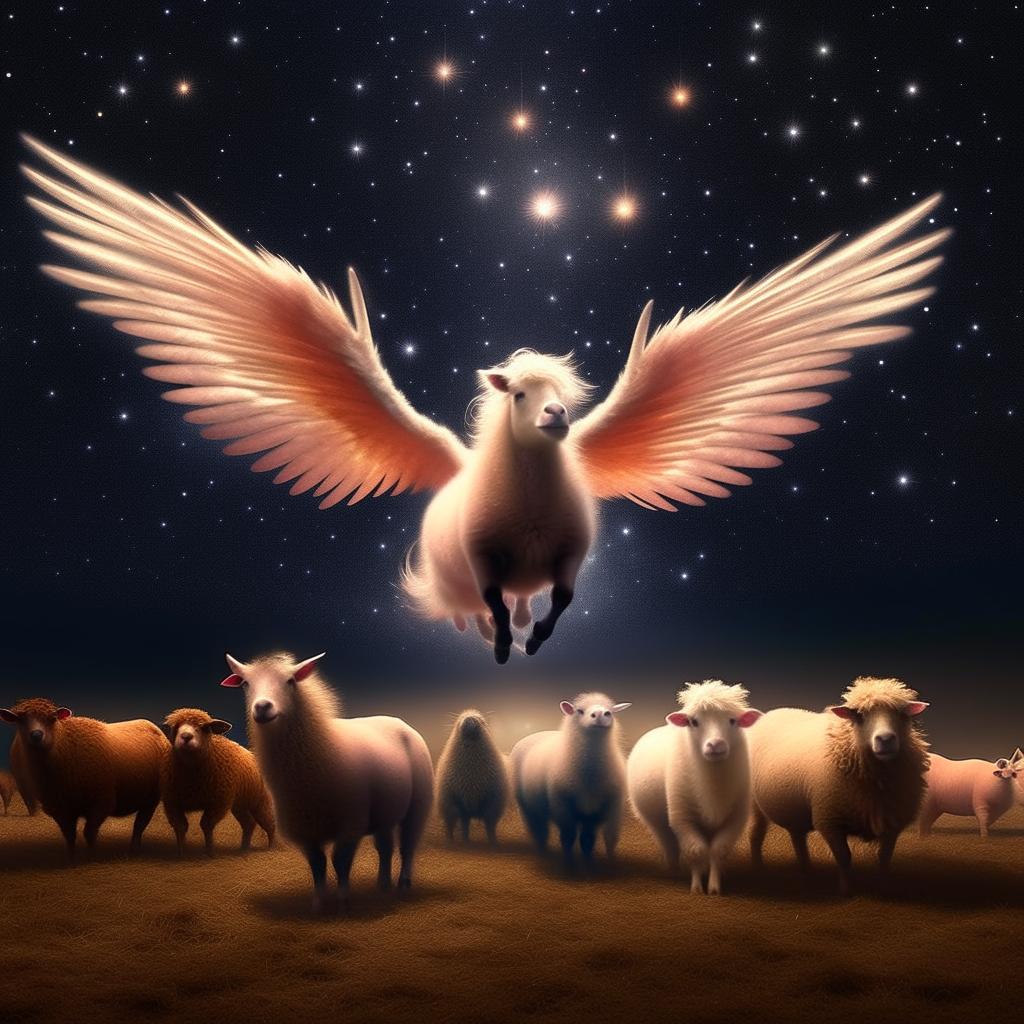 A diverse assemblage of farm animal Pegasi: sheep, pigs, llamas, cows, and deer, each with enchanting wings, flying in harmony under the star-flecked velvety night sky.