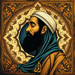 A respectful and artistic representation of the cultural and historical figure Muhammad, depicted through calligraphy and ornate geometric patterns commonly found in Islamic art