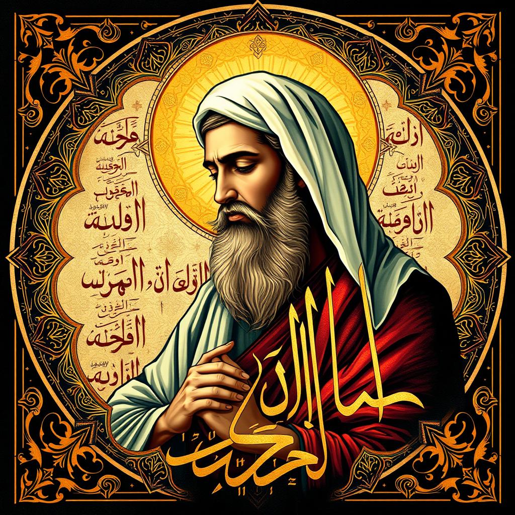 A respectful and artistic representation of the cultural and historical figure Muhammad, depicted through calligraphy and ornate geometric patterns commonly found in Islamic art