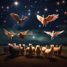 A diverse assemblage of farm animal Pegasi: sheep, pigs, llamas, cows, and deer, each with enchanting wings, flying in harmony under the star-flecked velvety night sky.