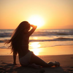 A scenic beach at sunset, focusing on the back of a girl in a doggystyle position
