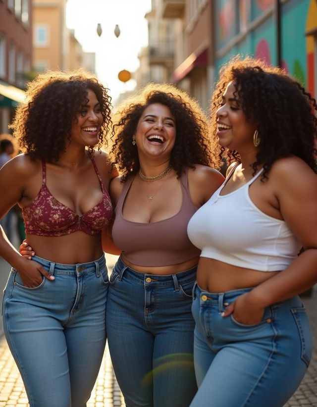 A group of confident, thick women wearing stylish jeans in a vibrant urban setting