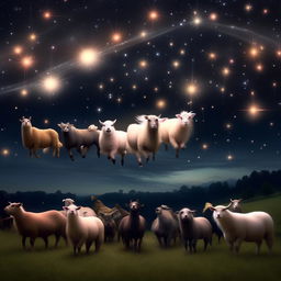 A diverse assemblage of farm animal Pegasi: sheep, pigs, llamas, cows, and deer, each with enchanting wings, flying in harmony under the star-flecked velvety night sky.