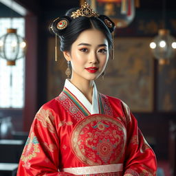 A stunning Korean regal beauty dressed in an exquisite traditional hanbok, showcasing intricate embroidery and vibrant colors