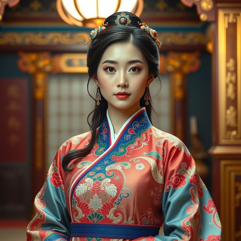 A stunning Korean regal beauty dressed in an exquisite traditional hanbok, showcasing intricate embroidery and vibrant colors