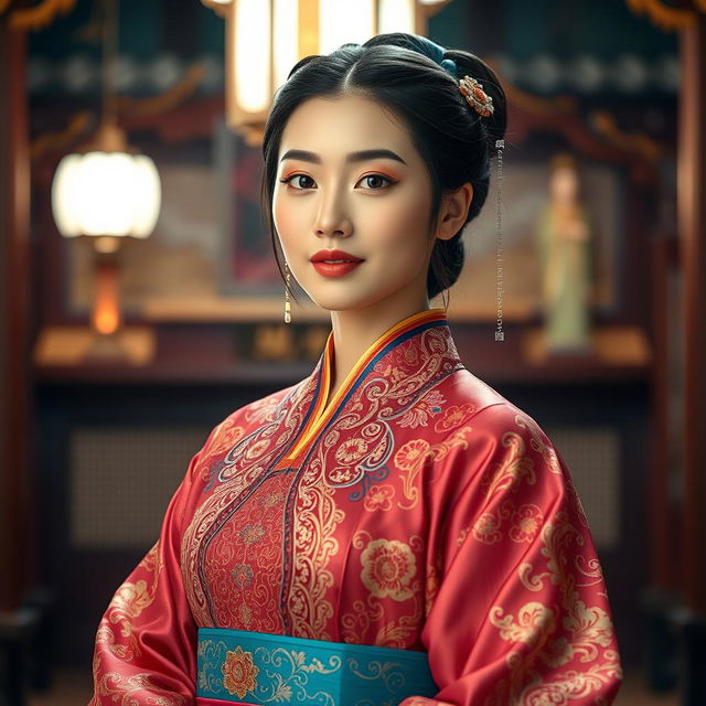 A stunning Korean regal beauty dressed in an exquisite traditional hanbok, showcasing intricate embroidery and vibrant colors