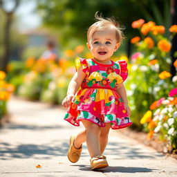 A cute baby walking confidently in a stylish fashion dress, showcasing vibrant colors and playful patterns