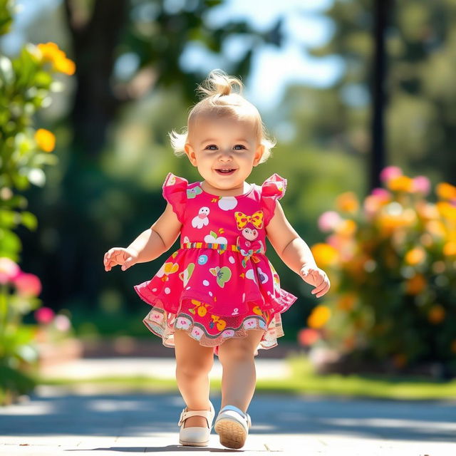 A cute baby walking confidently in a stylish fashion dress, showcasing vibrant colors and playful patterns