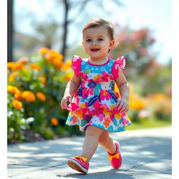 A cute baby walking confidently in a stylish fashion dress, showcasing vibrant colors and playful patterns