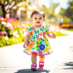 A cute baby walking confidently in a stylish fashion dress, showcasing vibrant colors and playful patterns