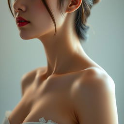 A stunning portrait of a Korean woman with an alluring D cup size, featuring her beautifully shaped collarbones and soft pink nape