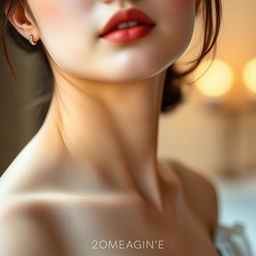 A stunning portrait of a Korean woman with an alluring D cup size, featuring her beautifully shaped collarbones and soft pink nape