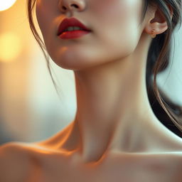A stunning portrait of a Korean woman with an alluring D cup size, featuring her beautifully shaped collarbones and soft pink nape