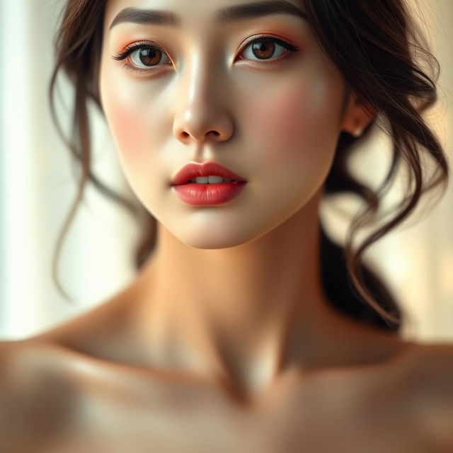 A stunning portrait of a Korean woman with an alluring D cup size, featuring her beautifully shaped collarbones and soft pink nape