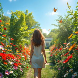 A serene scene featuring a person walking leisurely through a vibrant garden filled with colorful flowers, lush greenery, and a clear blue sky overhead