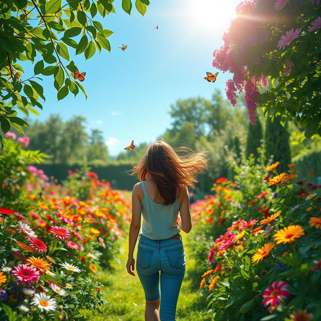 A serene scene featuring a person walking leisurely through a vibrant garden filled with colorful flowers, lush greenery, and a clear blue sky overhead