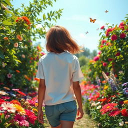 A serene scene featuring a person walking leisurely through a vibrant garden filled with colorful flowers, lush greenery, and a clear blue sky overhead