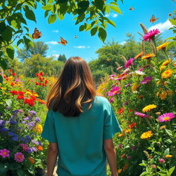 A serene scene featuring a person walking leisurely through a vibrant garden filled with colorful flowers, lush greenery, and a clear blue sky overhead