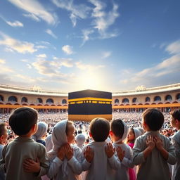 A heartfelt scene of children praying in front of the majestic Kaaba in Makkah, capturing their innocence and devotion