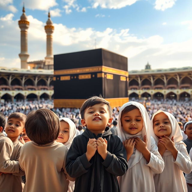 A heartfelt scene of children praying in front of the majestic Kaaba in Makkah, capturing their innocence and devotion